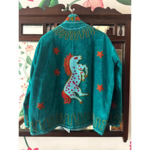 Veste d'automne en velours brodée Suzani, manches longues, col montant mandarin, style vintage, motif floral cheval turquoise, rembourrée en coton - Product Image 1