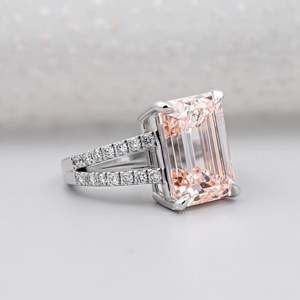 IGI Certified Emerald Cut Morganite Engagement <b>Ring</b> with Round Diamond VS Clarity <b>Split</b> Shank Statement Style Rhodium Plated - Product Image 2