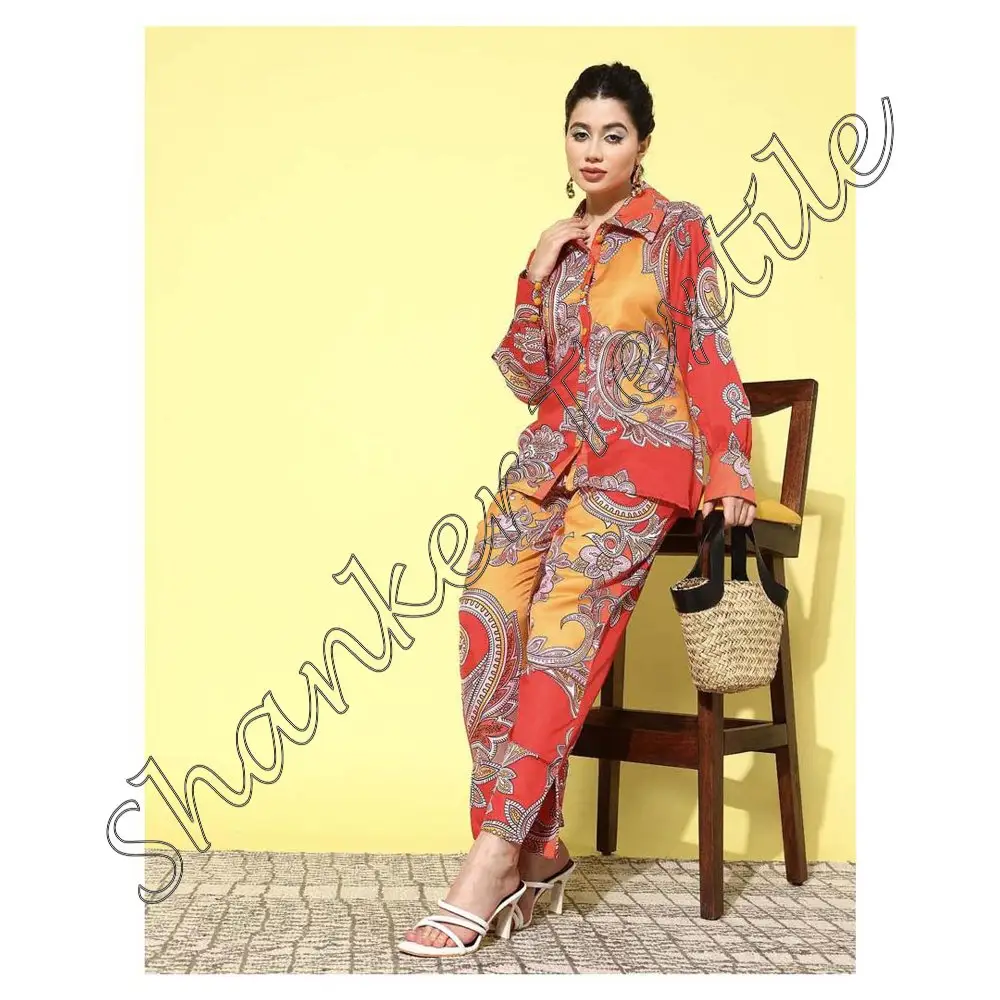 Beautiful Hand Block Printed Cotton Women Night Sleep Wear Casual Clothing Long Sleeve Shirt With Long Pant Co-Ord Two Piece Set