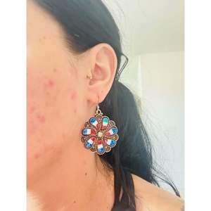 Zuni Handmade Opal (<b>Man</b>-Made) & Sterling Silver <b>Dangle</b> <b>Earrings</b> Drop Design with Floral Pattern - Product Image 2