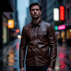 เสื้อแจ็กเก็ตหนังมีซิปสำหรับผู้ชาย, เสื้อแจ็คเก็ตหนัง PU แบบเปิดลงปกเสื้อมีกระเป๋าด้านหน้า - Product Image 3