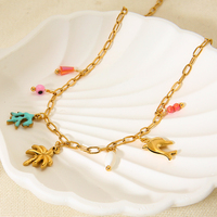 Vente en gros Collier pour femme en acier inoxydable plaqué or 18 carats émail corail palmier dauphin pierres dauphin