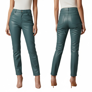 Pantalones de Moda al por Mayor para Mujer, Talla Grande, Ajustados, Rectos, de Cintura Media, Elásticos, de Cuero y Lona, Estilo Urbano, Invierno, Frente Plano, Casuales, Lavados - Product Image 4