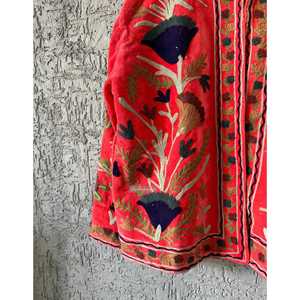 Handmade Red Velvet <b>Jacket</b> with Suzani Embroidery Quilted Reversible XL Indian Cotton Coat for Autumn Winter Varsity Style - Product Image 3