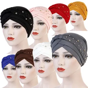 Topi wanita Muslim kristal mutiara Turban manik-manik kepang tunggal Solid untuk wanita topi pembungkus rambut wanita