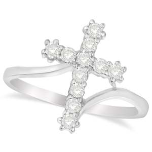 14K <b>White</b> <b>Gold</b> Diamond Religious <b>Cross</b> Twisted Ring 0.33ct Diamond Jewelry - Product Image 1