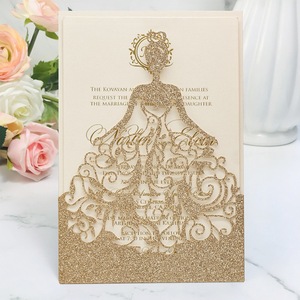 Rosa taglio Laser maniche cenerentola inviti ragazza rossa vestito per 15 oro Glitter Quinceanera invita Xv argento tasca personalizzata - Product Image 4