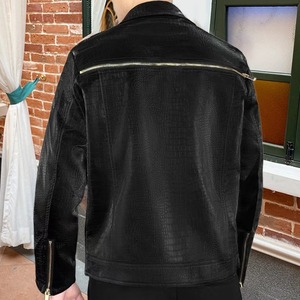 Haute qualité européen hommes mince automne hiver en cuir véritable toile imperméable veste Punk moto haute rue Style - Product Image 3