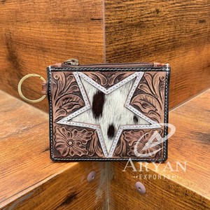 Porte-cartes de crédit en cuir de fourrure de vachette usiné à la main de style occidental Porte-cartes en cuir de bohème à usage quotidien sculpté à motifs floraux Porte-monnaie - Product Image 1