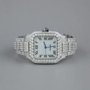 Montre-bracelet automatique à quartz pour homme, en acier inoxydable blanc brillant, style décontracté, avec breloque en diamant Moissanite glacé - Product Image 1