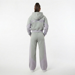 Conjunto de Sudadera Corta con Cremallera y Pantalones Jogger de Pierna Ancha para Mujer, Diseño Bicolor, Bloques de Color, Felpa de Algodón, Chándal OEM al por Mayor - Product Image 2