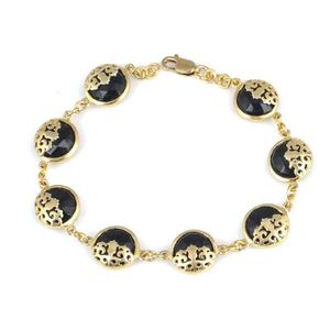 Pulsera de Plata de Ley 925 con Piedra de Ónix Negra Redonda en Engaste de Bisel con Patrón de Tulipán para Regalo - Product Image 1