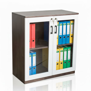 Armoire de bureau contemporaine à deux niveaux verrouillable avec portes en verre, en bois d'hévéa, 80x40x87cm, pour bureau ou atelier - THS68024 - Product Image 1