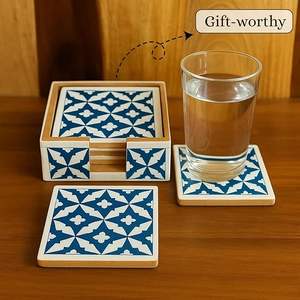 Handcrafted Luxury Blue White Floral Design Resin Inlay Walnut <b>Coasters</b> Holder Durable Eco-Friendly Customizable Color Modern - Product Image 2