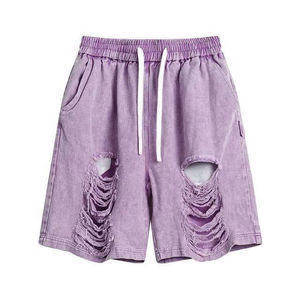 2025 pantalones cortos para hombre, ropa de calle, lavado ácido, pantalones cortos de algodón de lana transpirables desgastados, cintura elástica, patrón informal, pantalones cortos para Unisex - Product Image 2