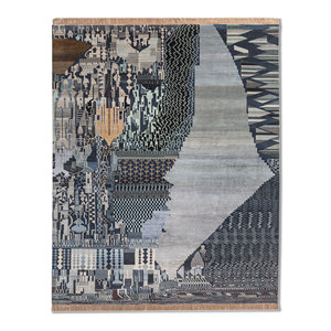 Tapis rectangulaire Manchaha bleu en laine et soie de bambou noué à la main 10 mm pour couloir et maison - Modèle Les-2679 Abstrait Fait main - Product Image 1