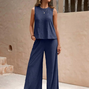 เสื้อแขนกุดทรงหลวม2ชิ้นสำหรับผู้หญิงชุดเสื้อผ้าใส่สบายเนื้อผ้าถักสีล้วนแขนกุดและกางเกงขายาวขากว้าง - Product Image 1