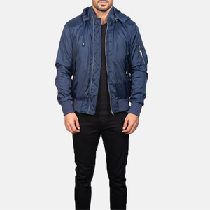 Keven Impex Unisex Navy Blue Hooded Bomber Jacket Full Sleeve Windproof Waterproof Breathable Polyester Winter Streetwear Zipper - Product Image 6