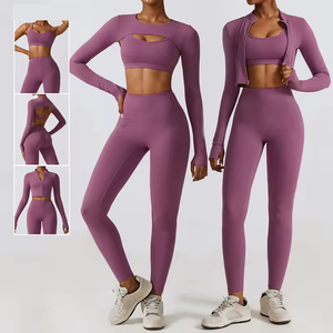 Wholesale Fitness Clothes for Gym Wear Women Sets 3 Pieces <b>Yoga</b> <b>Jackets</b> Workout Leggings Sports Bras Top Sportswear Set - Product Image 1