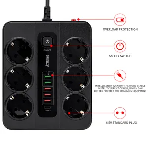hot sale 6 outlets eu socket extension 6 AC outlets 5usb 10A 250V 3000W 2M wire power strip with type c usb ports