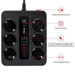 Ekstensi soket 6 outlet eu, strip daya kabel 6 outlet AC 5usb 10A 250V 3000W 2M dengan port usb Tipe c