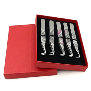 Ensemble de pinces à cils en acier inoxydable 5 pièces, pointe de précision lisse, poignée diamantée, emballage en boîte - Product Image 1