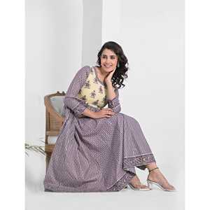 Vestido Anarkali largo de algodón con estampado de bloques azul marino, producto de ropa americana - Product Image 3