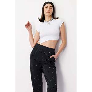 Pantalon de jogging mi-long décontracté en polyester 100% brodé de pierres, coupe régulière - Product Image 3