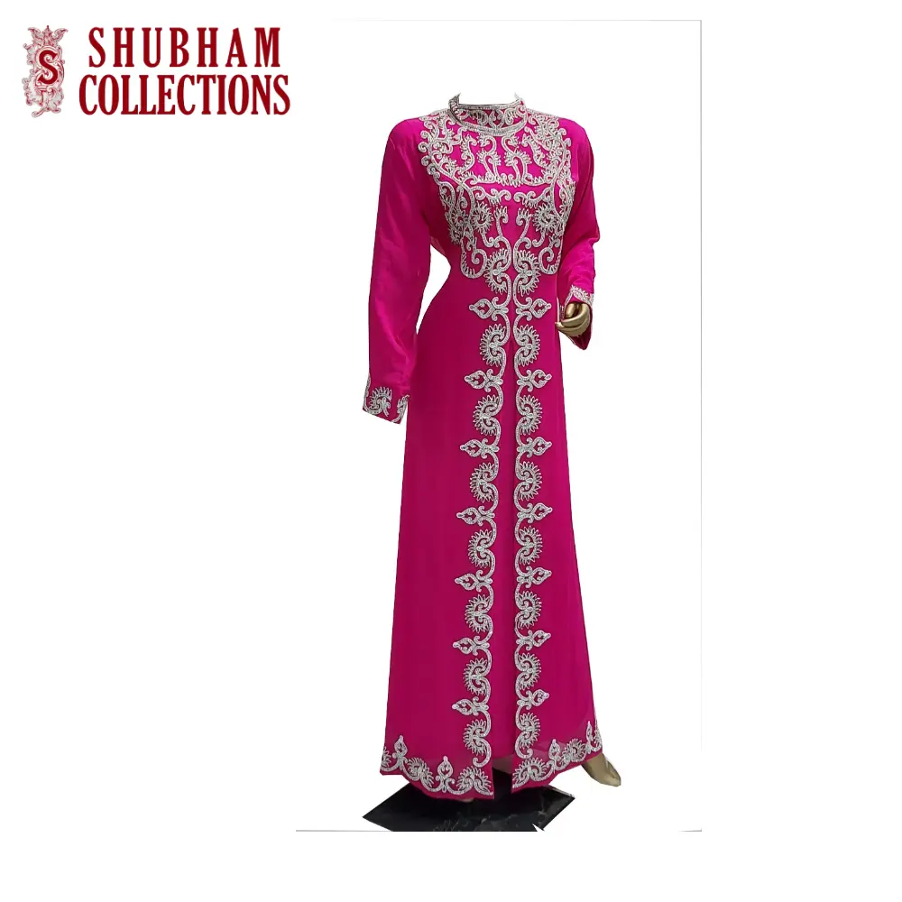 Màu Hồng nặng đính cườm caftan thêu Arabic prom kaftan ăn mặc đêm buổi tối bên Mặc Áo Choàng SULTAN Muslim Dresses