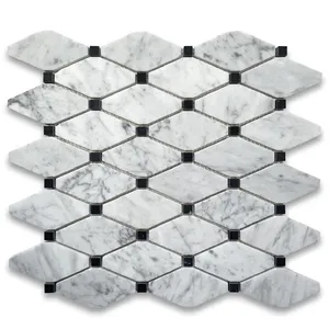 Azulejo de mosaico romboidal de octava larga de mármol blanco de Carrara C831XH con puntos negros Azulejos de categoría de producto afilados - Product Image 1