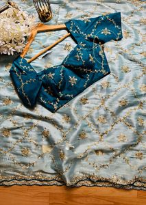 Ensemble de saree en filet sergé exclusif fil lourd et séquence de 9mm travail bordure en dentelle fantaisie vêtements ethniques de luxe - Product Image 5