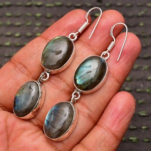 925 Sterling <b>Silver</b> Plated Bohemian Style <b>Earrings</b> Fashionable Blue Labradorite Gemstone Natural Stone Bezel Anniversary Supply - Product Image 3
