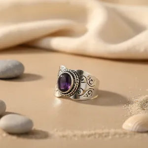 Boucles d'oreilles fines en argent 925 pour femmes, bijoux en pierre précieuse améthyste, bague - Product Image 2