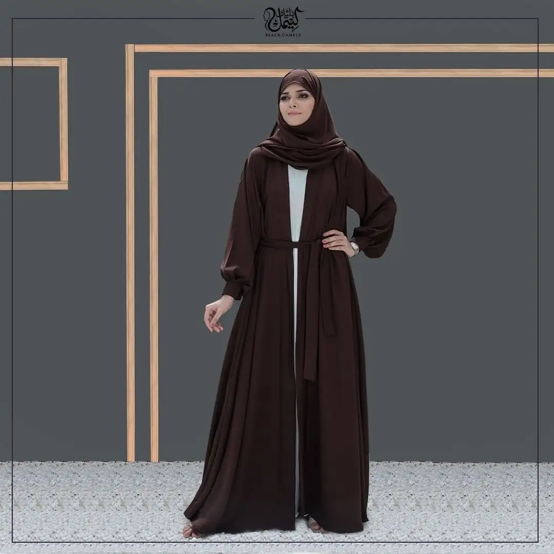 Preciosa abayas frente árabe marrom aberto com mangas puff com desenhos especiais e tamanhos abaya mulheres vestido muçulmano