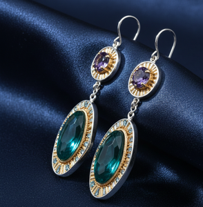 Elegant 4.5 Inch Green CZ Multi-Stone Earrings | 925 Sterling Silver 18K Gold Platet 15g Dangle Earring for <b>Wedding</b> Party Wear - Product Image 2