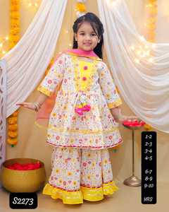 Niñas niños Kurta Sharara traje Lehenga con dupatta gota tela de encaje algodón Cambric vestido étnico boda fiesta vestido para niña - Product Image 2