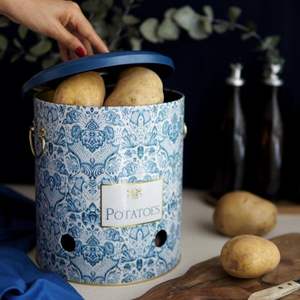 Contenedor de almacenamiento de patata y cebolla de Metal de 225x240mm, contenedor y almacenamiento de alimentos con patrón decorativo azul y blanco inspirado en Azulejo de 9L - Product Image 3