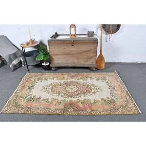 Alfombra turca de área grande Vintage, beige-Rosa, 3,7x6,6 pies, respaldo de látex de lana clásico, patrón abstracto, alfombra rectangular para habitación de pasillo - Product Image 1