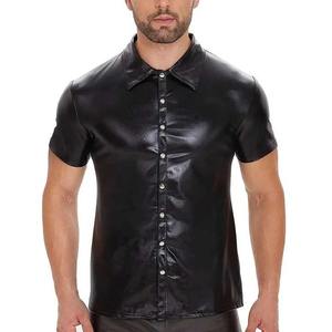 Camisas sexis de cuero brillante para hombre, camisas de manga corta de piel sintética con cuello vuelto, camisa moldeadora para hombre, disfraces de actuación en escenario - Product Image 4