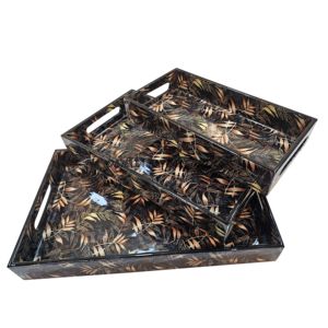 Ensemble de plateau de service en bois de haute qualité fait à la main avec impression de feuille brillante élégante et poignées durables pour la décoration de salle à manger de cuisine moderne - Product Image 1