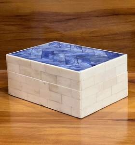 Caja de almacenamiento con incrustaciones de hueso moderna de alta calidad, organizador de joyas de madera blanca y azul, patrón cuadrado, uso de regalo multiusos, artesanías HF - Product Image 5