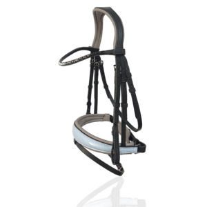 Brida Inglesa Premium de Alta Calidad y Confortable para Caballos, Cuero Negro y Gris con Muserola Acolchada y Diadema con Cristales - Product Image 1