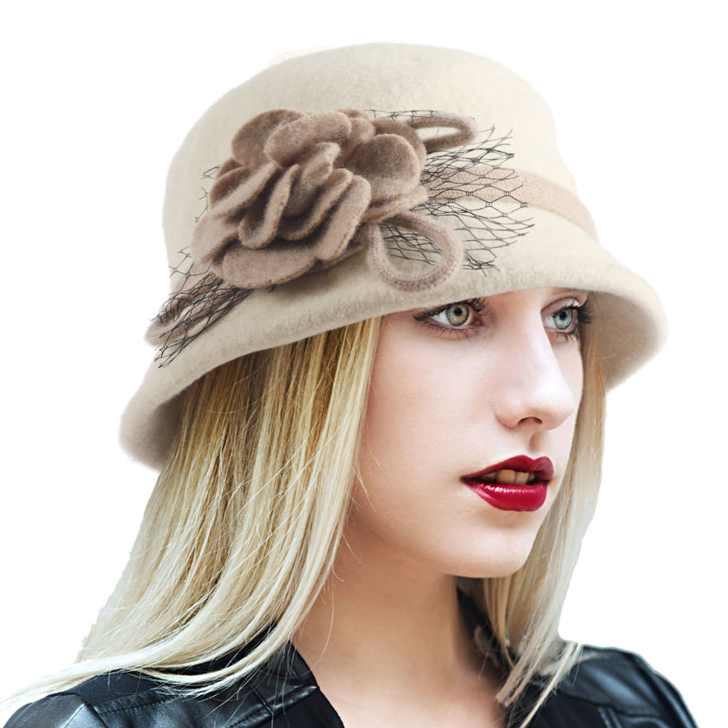 Women's Vintage Wool Felt Bucket Hat With Flower Oem