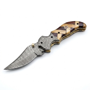 Couteau utilitaire pliant artisanal en acier Damas, pointe biseautée, manche en bois, qualité industrielle, OEM, marque privée, couteau personnalisé - Product Image 1