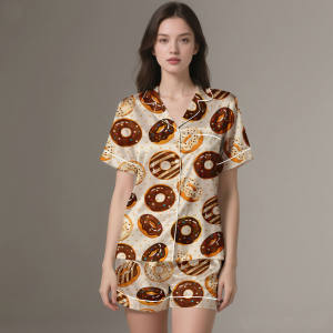 Pyjama en satin imprimé numérique respirant haut de gamme, léger, ensemble 2 pièces pour l'été/l'automne/le printemps - Product Image 1