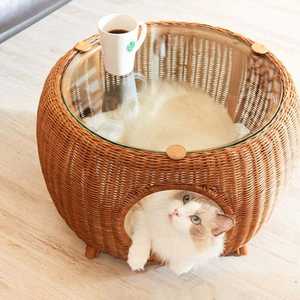 Scandinavian Style Round Coffee Table Simple Real Rattan <b>Dog</b> <b>House</b> Warm Cat Kennel for Living Room - Product Image 4