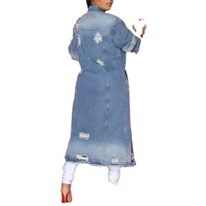 Manteau long en jean brut pour femme, col rabattu, veste à boutonnage simple, manteau en jean décontracté pour l'automne - Product Image 4