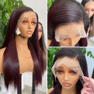 Dark Burgundy Wig Bone Straight High Quality Remy Vietnamese <b>Hair</b> Machine Double Weft Extensions Transparent for Lace All - Product Image 3