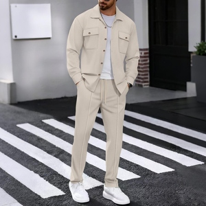Men’s Waffle Knit Two-Piece Set European & American Style Autumn Outfit <b>Long</b> Sleeve <b>Cardigan</b> & Pants, Solid Color Workwear with - Product Image 2