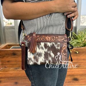 Sac à main bandoulière en cuir de vachette de haute qualité pour femmes 2024, petit sac à main à poignet floral, fermeture éclair, imprimé en nylon, cadeau - Product Image 1